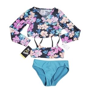 NWT Art Class Girls 3 PC Rashguard Beach Pool Floral Swimsuit XS 4/5